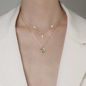 New 18K Gold Vermeil Sterling Silver 925 Cross & Coin Necklace